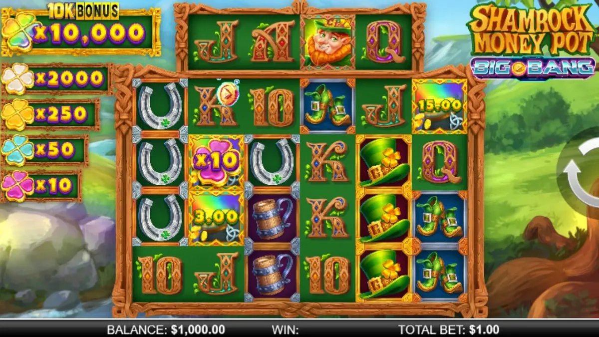 Tampilan visual slot Shamrock Money Pot Big Bang dengan tema Irlandia