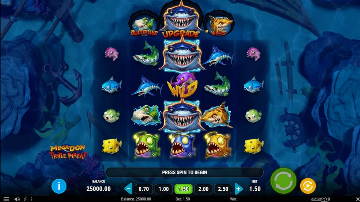 Tangkapan layar dari slot Megadon Triple Threat yang menampilkan tiga hiu utama di latar belakang laut dalam yang gelap.